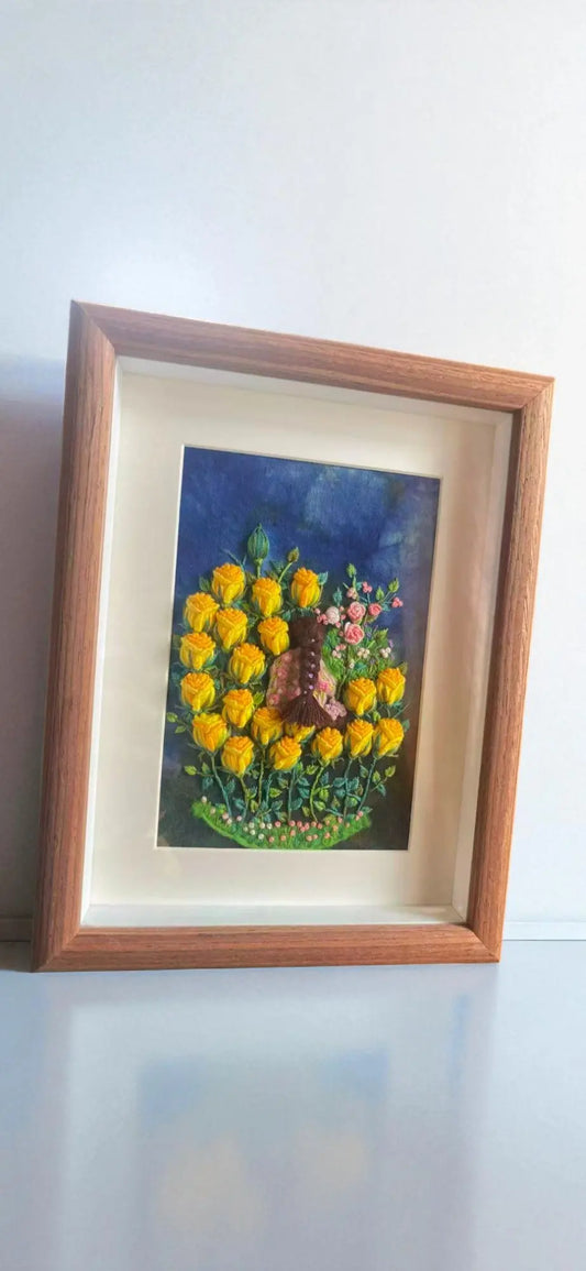 Botanical Hand-Dyed 3D Embroidery Yellow Rose Decor By Embru