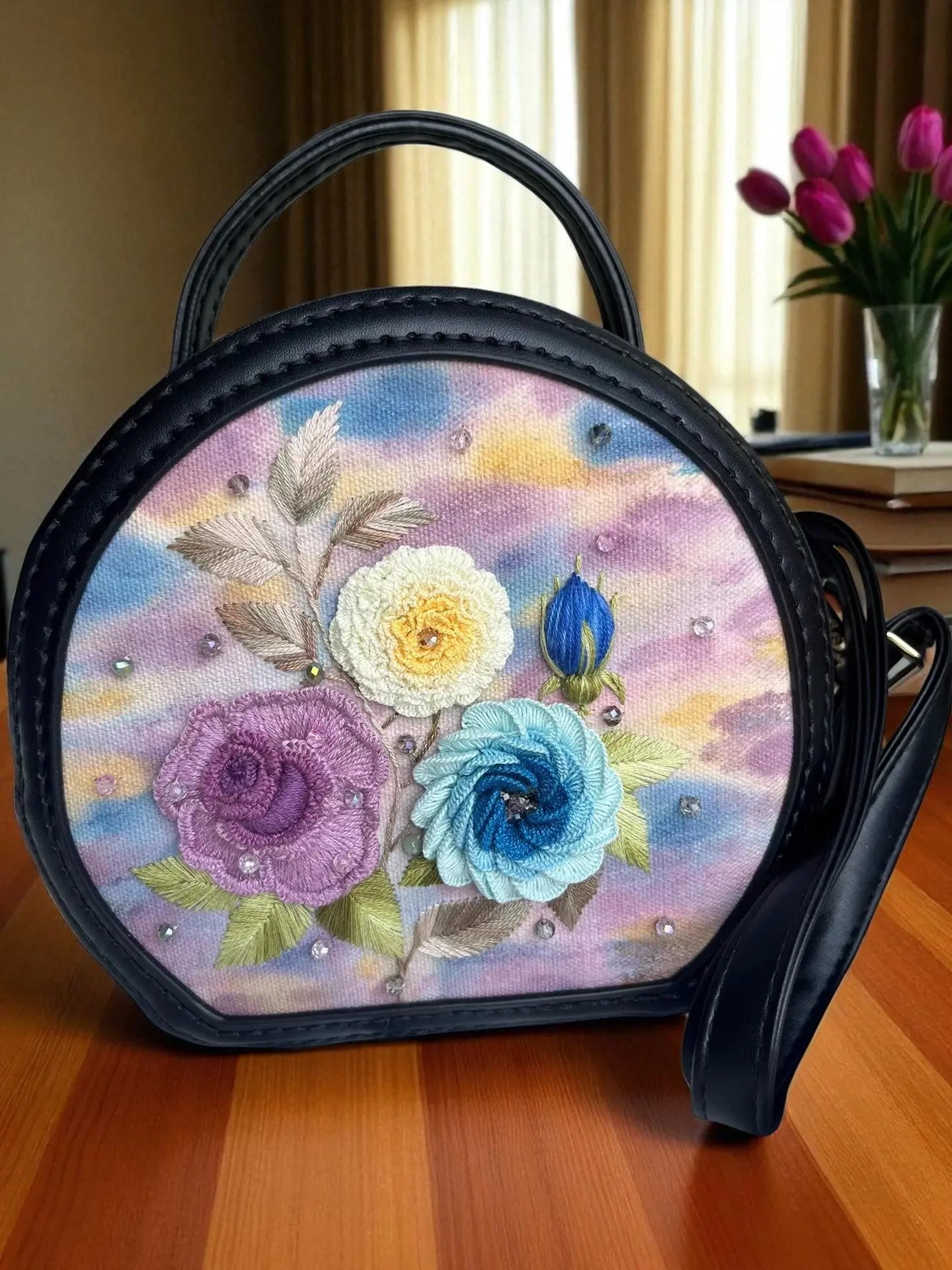 Artisan Hand Embroidered Purple Floral Crescent Bag | Unique Gift for Women By Embru