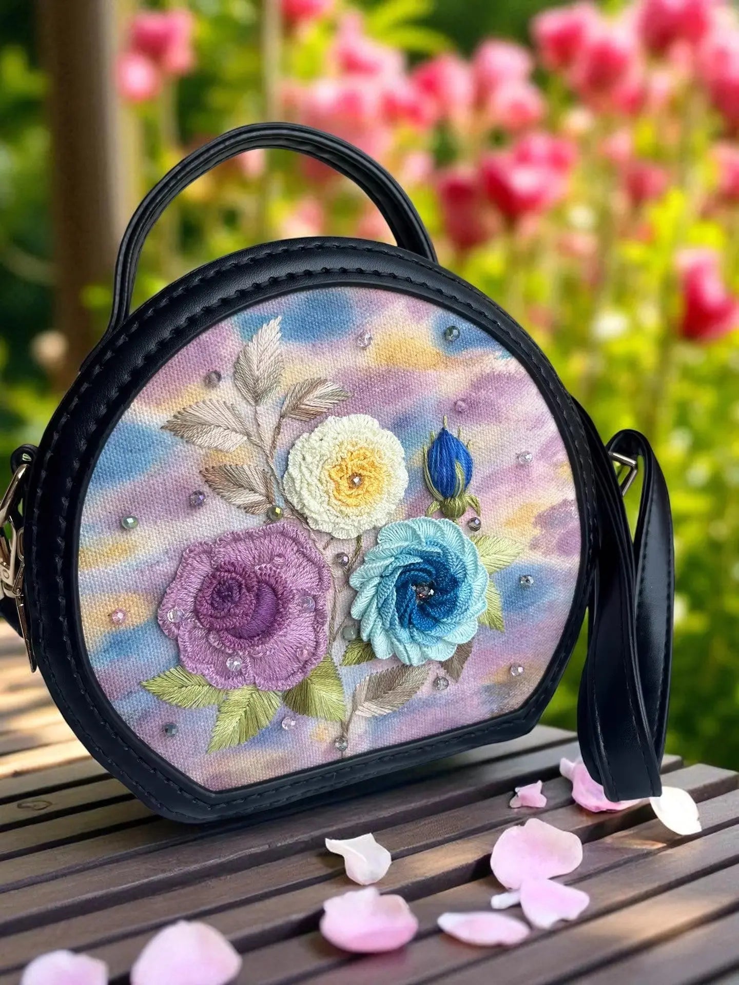 Artisan Hand Embroidered Purple Floral Crescent Bag | Unique Gift for Women By Embru