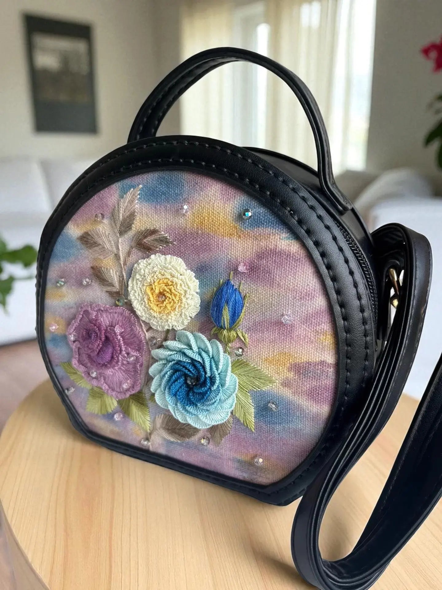 Artisan Hand Embroidered Purple Floral Crescent Bag | Unique Gift for Women By Embru