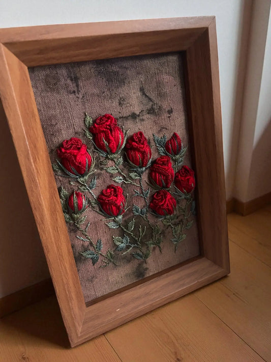 Framed 3D Red Rose Embroidery Art | Cottagecore Wall Decor| Forever Flower My Store