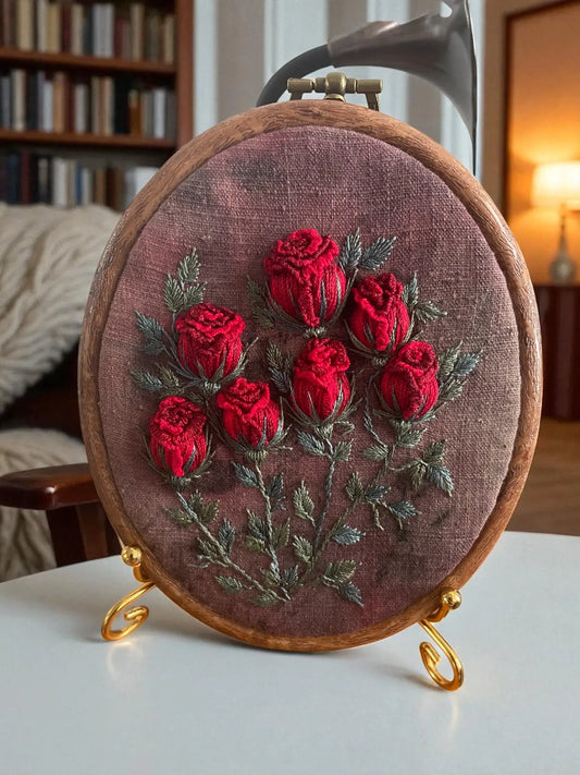 Framed 3D Red Rose Embroidery Art | Cottagecore Wall Decor| Forever Flower My Store