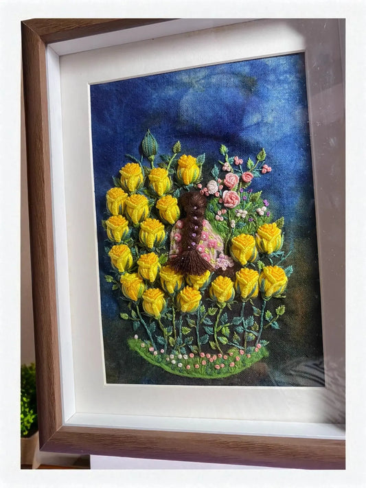 Botanical Hand-Dyed 3D Embroidery Yellow Rose Decor By Embru