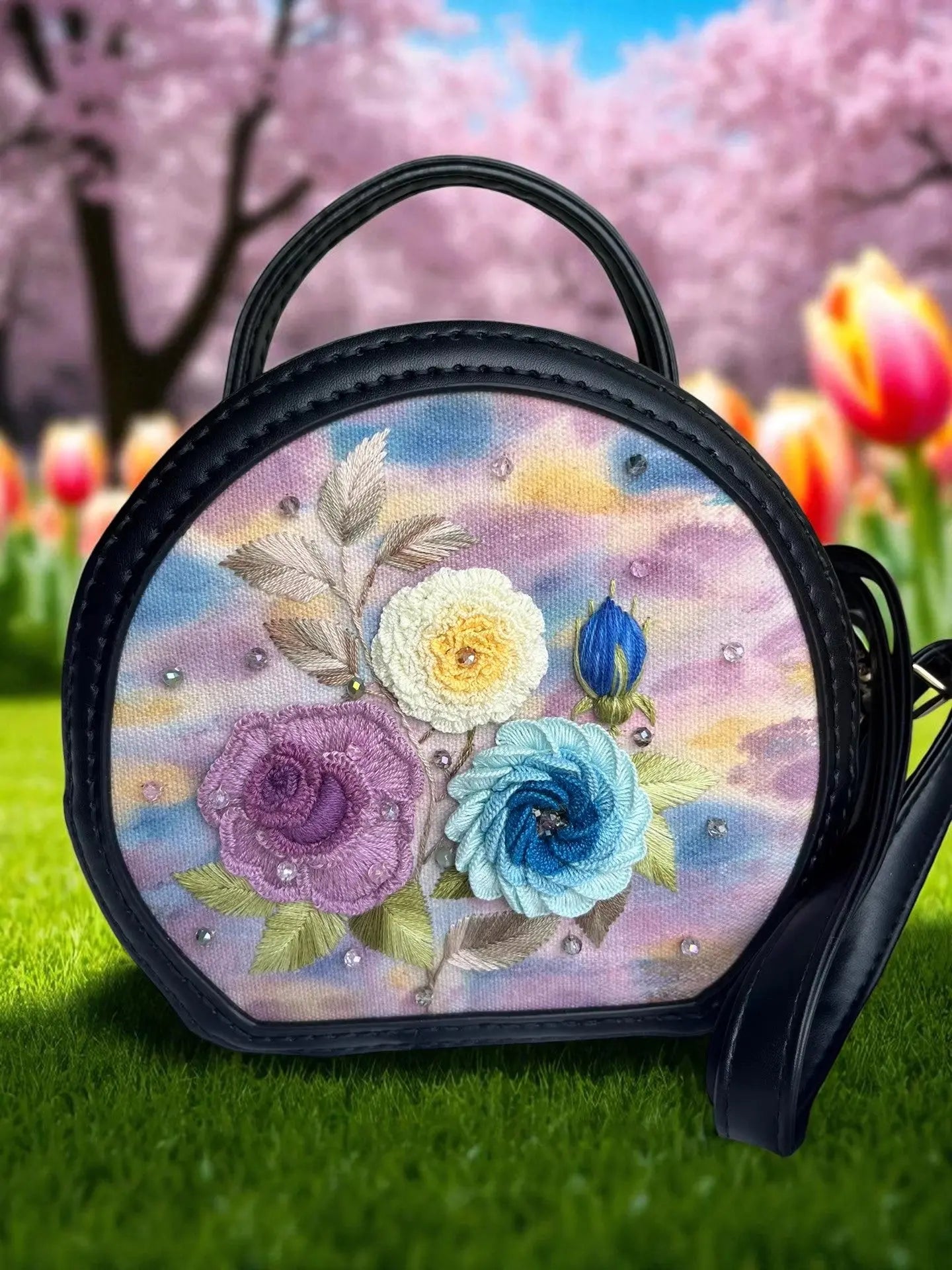Artisan Hand Embroidered Purple Floral Crescent Bag | Unique Gift for Women By Embru
