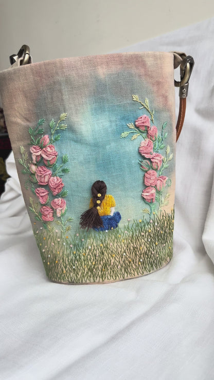 Hand Embroidered 3D Pink Roses Poetic Bag for Women