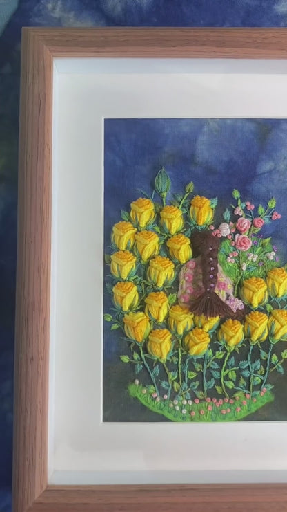 Botanical Hand-Dyed 3D Embroidery Yellow Rose Decor